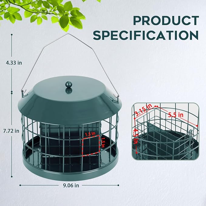 Gbekery Caged Suet Bird Feeder for Outdoors Hanging, Squirrel Proof Double Suet Feeder for Small Birds, Metal Cage with Detachable Hook, Large Space, Outdoors Weatherproof, Green