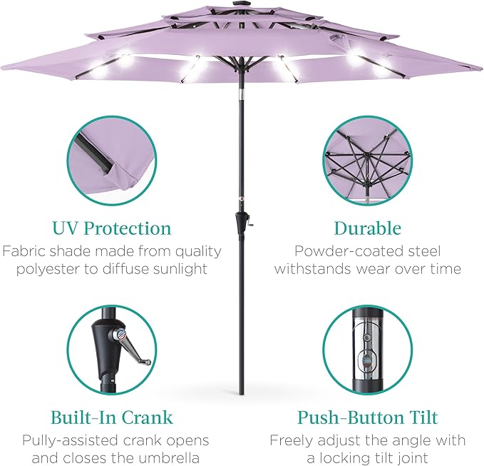 Best Choice Products 10ft 3-Tier Solar Patio Umbrella, Outdoor Market Sun Shade for Backyard, Deck, Poolside w/ 24 LED Lights, Tilt Adjustment, Easy Crank, 8 Ribs - Lavender