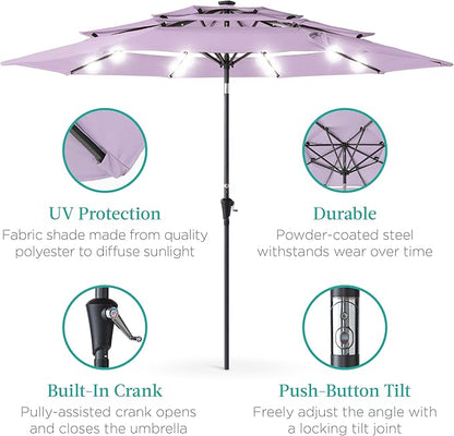 Best Choice Products 10ft 3-Tier Solar Patio Umbrella, Outdoor Market Sun Shade for Backyard, Deck, Poolside w/ 24 LED Lights, Tilt Adjustment, Easy Crank, 8 Ribs - Lavender