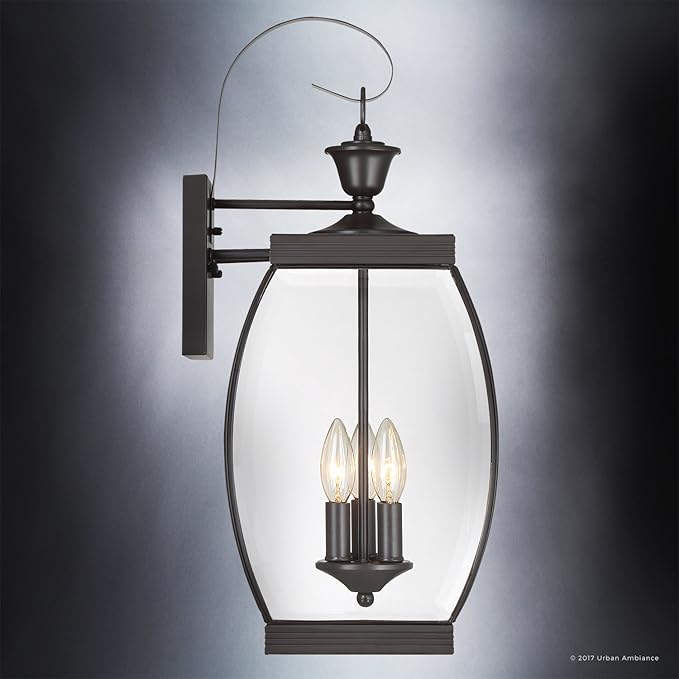Urban Ambiance Luxury Colonial Outdoor Wall Light, Large Size: 22.5" H x 9" W, with Transitional Style Elements, Bowed Design, Gorgeous Dark Medieval Bronze Finish and Beveled Glass, UQL1172