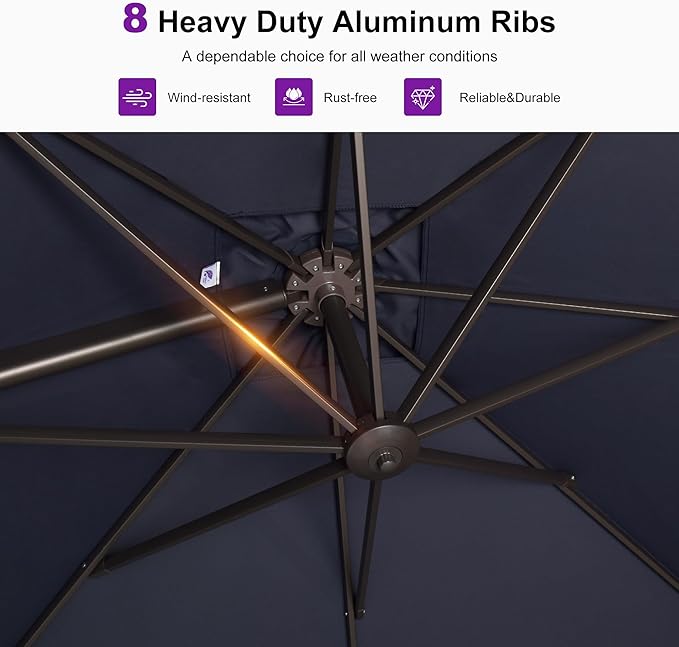 PURPLE LEAF 10' X 13' Patio Cantilever Umbrella with Base Rectangle Umbrella Outdoor with Aluminum Offset Hanging and 360° Rotation for Pool Garden Deck Patio, Navy Blue
