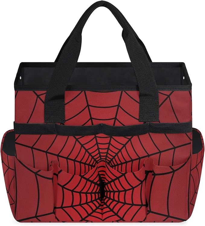Gardening Tool Bag,Heavy Duty Garden Tote Bag,Portable Oxford Gardening Storage Basket Organizer Handbag with Pockets Handle,Hand Tools Gifts for Outdoor Garden Lawn Spiders Web Red