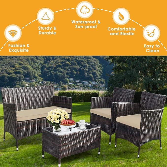 HAPPYGRILL 4-Piece Patio Furniture Set Outdoor Rattan Wicker Conversation Set with Cushioned Sofa and Coffee Table for Porch Backyard Garden Poolside