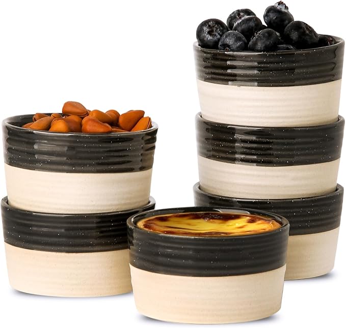 Hasense Porcelain Ramekins Set of 6, 3 Oz Oven Safe Mini Bowls, Black & Ash Gray Ramekins for Creme Brulee, Souffle, Dipping & Desserts, Farmhouse Kitchen