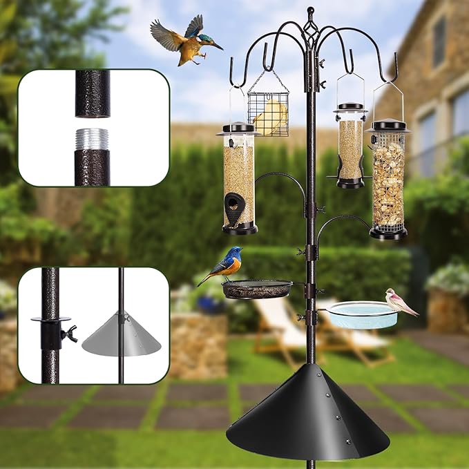 YINGYM 6-Hook Bird Feeding Station Kit Wild Bird Feeder Stand Pole, Multi-Feeder Hanging Kit Stand with Water Bowl, Mesh Tray and Squirrel Guard Baffle, 94 Inch