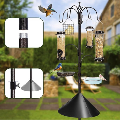 YINGYM 6-Hook Bird Feeding Station Kit Wild Bird Feeder Stand Pole, Multi-Feeder Hanging Kit Stand with Water Bowl, Mesh Tray and Squirrel Guard Baffle, 94 Inch