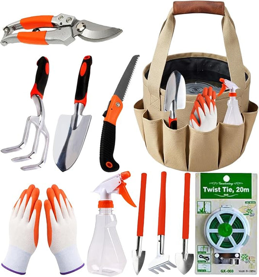 Complete Garden Tools Set, 11 Pcs Heavy Duty Gardening Tools with Organizer Tote Bag, Aluminum & Carbon Steel Garden Tool Set, Gardening Kit for Women & Men, Ideal Gardening Gifts for Plant Lovers