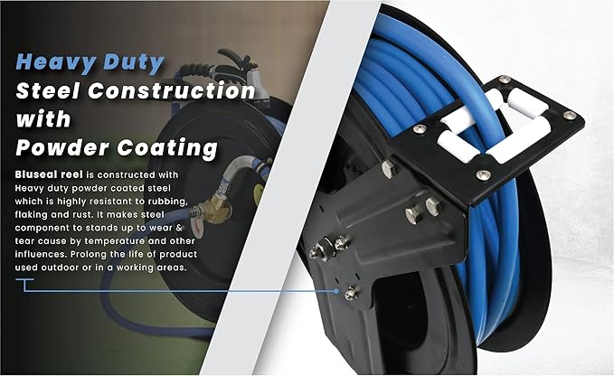 BLUSEAL BSWR1250HRS Retractable Hose Reel with 1/2" x 50' Hot Water Rubber Hose, 6' Lead-in, Hose Reel Swivel Mount, 9 Pattern Spray Nozzle