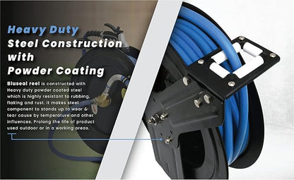 BLUSEAL BSWR1250HRS Retractable Hose Reel with 1/2" x 50' Hot Water Rubber Hose, 6' Lead-in, Hose Reel Swivel Mount, 9 Pattern Spray Nozzle