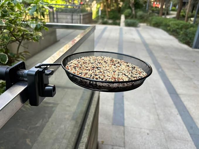 Railing/Fence/Pole Mount Bird Feeder 8" Metal Mesh Birdseed Tray for Deck/Balcony/Porch Wildbird Feeding Large Clamp(3" Max) Platform Wild Bird Feeder