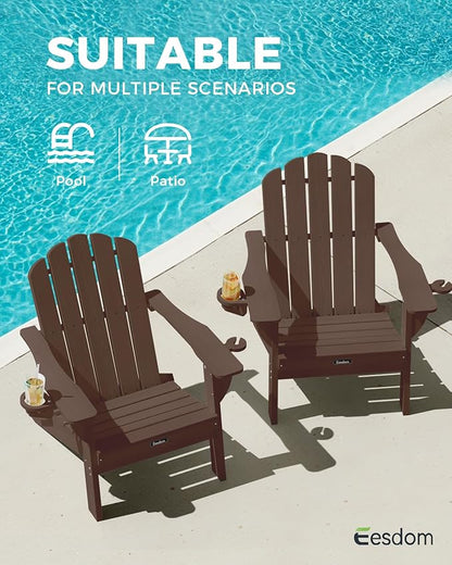 Adirondack Chairs Set of 4, Foldable Adirondack Chairs with 2 Cup Holder, Wood Texture HDPE Fire Pit Chairs, Outdoor Lawn Chair for Patio Garden, Brown