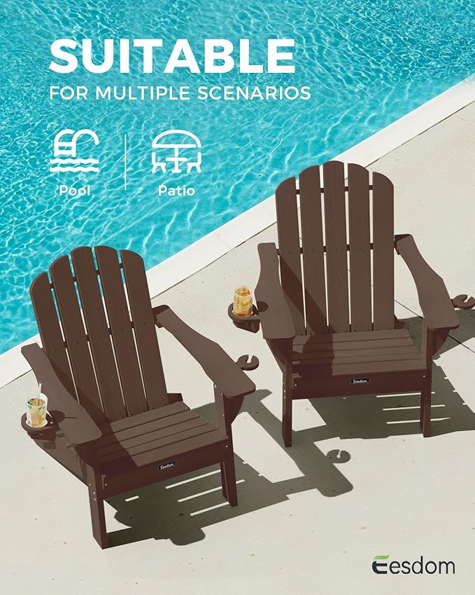 Adirondack Chair, HDPE Material Fire Pit Chairs, Plastic Adirondack Chairs with 2 Cup Holder, Outdoor Lawn Chair for Patio Garden, Brown