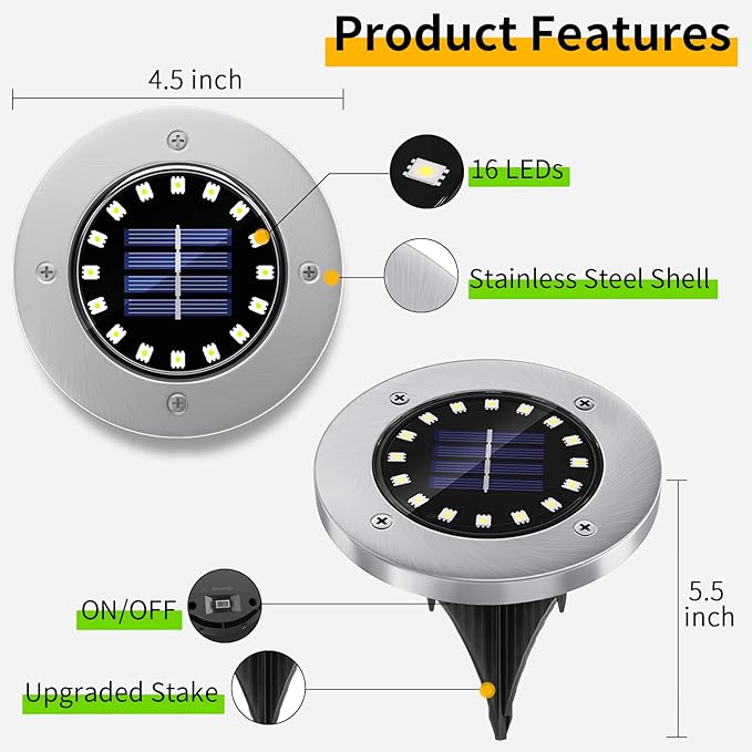 NFESOLAR 16 Pack Solar Lights Outdoor, 16 LEDs Bright Solar Ground Lights Outdoor Waterproof for Pathway Garden Yard Lawn Walkway Driveway (White)