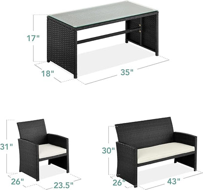 Best Choice Products 4-Piece Outdoor Wicker Patio Conversation Furniture Set for Backyard w/Coffee Table, Seat Cushions - Black/White Sand
