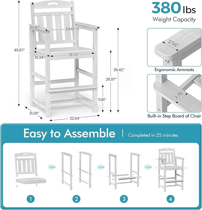 Ciokea Oversized Tall Bar Chairs Set of 2, HDPE Adirondack Outdoor Bar Chairs with Footrest, All-Weather Barstools with High Back for Balcony, Bistro, Porch, Deck, Pool, Backyard, White
