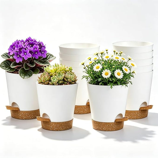 12 Pack 4 Inch African Violet Pots Self Watering, Self-Watering Planters with Drainage Holes & Reservoir, White Brown Plastic Pots for Indoor Outdoor Plants, Succulents & Flowers