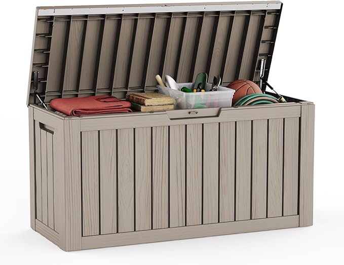 80 Gallon Deck Box, Waterproof Resin Outdoor Storage Box Lockable for Patio Furniture, Fade Resistant Patio Side Table & Organizer for Garden Tools, Pool Floats, Outdoor Cushions, Light Coffee
