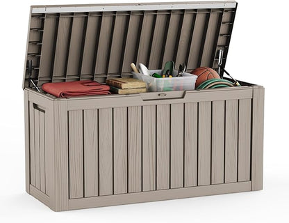 80 Gallon Deck Box, Waterproof Resin Outdoor Storage Box Lockable for Patio Furniture, Fade Resistant Patio Side Table & Organizer for Garden Tools, Pool Floats, Outdoor Cushions, Light Coffee
