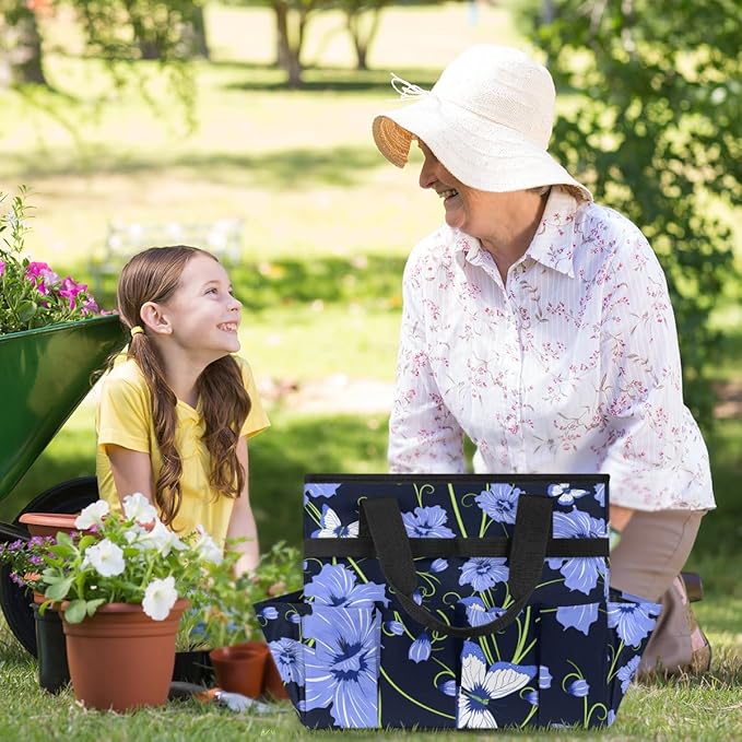 Garden Tote Bag with Pockets Flower Butterfly Gardening Bags for Tools Organizer Heavy Duty Storage Bag with Handle for Lawn Yard Casual