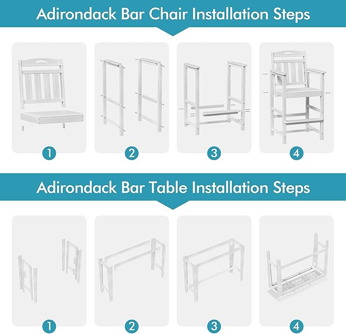 Ciokea Heavy-Duty Outdoor Bar Set, Rectangle High Top Table and 2 Oversized Adirondack Chairs Set, HDPE Modern Patio Bar Set for Outside Bistro Backyard Balcony Deck Outside, White