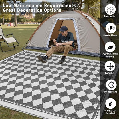 HUGEAR Outdoor Waterproof Rug 6'x9' Plastic Straw Rugs Washable Reversible Floor Mat Grey Plaid Carpet for Camping RV Deck Entryance Porch Picnic Balcony Beach Backyard