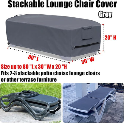 Stackable Chaise Lounge Covers for 2-3 Stackable Patio Lounge Chair, 600D Weather-Resistant Polyester Fabric, Outdoor Furniture Storage Cover for Stackable Lounge Chair - 80"L x 30"W x 20"H, Gray