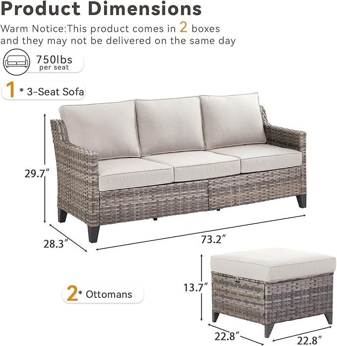 Buenhomino 3 Pieces Patio Furniture Sofa Set-Outdoor Wicker Patio Furniture Covered Couch with Multifunctional Ottoman and All-Weather Patio Conversation Set for Backyard Porch Garden Grey/Beige