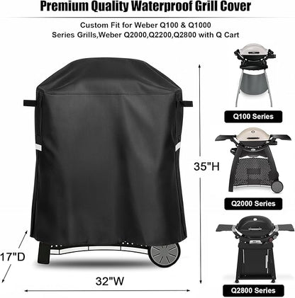 QuliMetal 7113 Grill Cover for Weber Q100 Q120 Q1000 Q1200 Q200 Q220 Q2000 Q2200 Q2400 Q2800N+ Series Gas Grills, Heavy Duty BBQ Gas Grill Cover, 600D