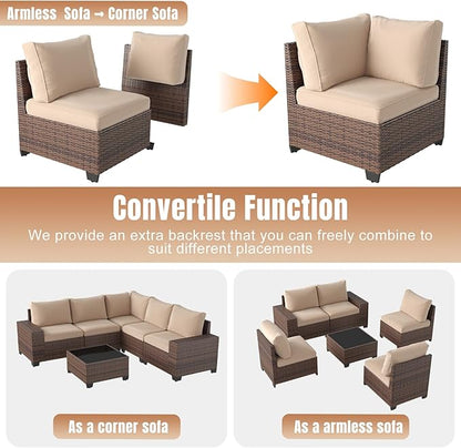 Aoxun 6 Pieces Patio Furniture Set Wicker Rattan Outdoor Sectional Conversation Set with Coffee Table and 4” Thickened Cushions, Beige (Waterproof Cover Included)