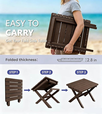 PASAMIC Folding Outdoor Side Table, HDPE Outdoor End Table, All-Weather Patio Table with 17.7" Wide Tabletop, No Assembly, for Porch, Deck, Poolside, Brown