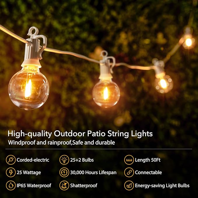Brightown Outdoor String Lights - 50 Ft Waterproof Connectable Commercial LED Patio Lights with 25 G40 Globe Bulbs, All Weatherproof Hanging Globe Light for Outside Backyard Porch Party Decoration