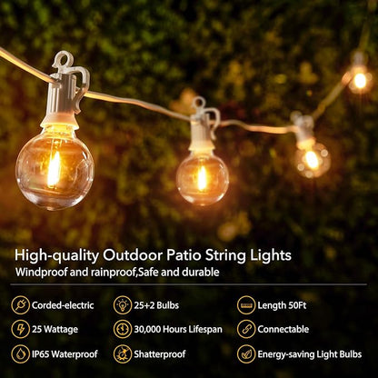 Brightown Outdoor String Lights - 50 Ft Waterproof Connectable Commercial LED Patio Lights with 25 G40 Globe Bulbs, All Weatherproof Hanging Globe Light for Outside Backyard Porch Party Decoration