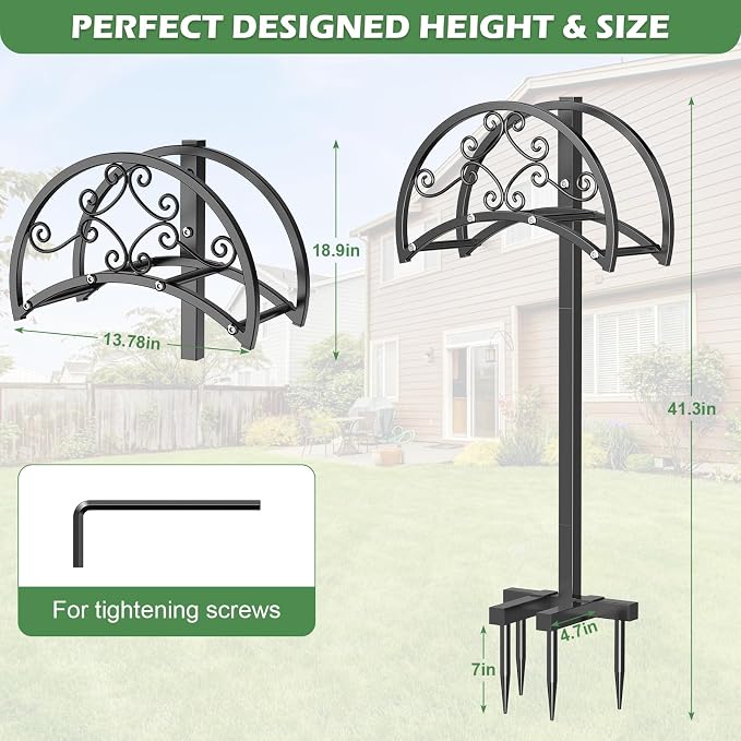 OLV Garden Hose Holder, Heavy Duty Metal Outdoor Water Hose Holder Freestanding Stake with 4 Spikes Holds 150-ft Pipe, Detachable Decorative Hose Stand Hanger Rack for Outside Yard Lawn Farm