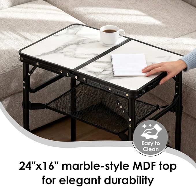 Folding TV Trays Foldable Dinner Tray Table Adjustable Height Food Snack Eating Couch Side Table Sturdy Aluminum Portable Sofa Tray End Table for Outdoor Indoor Camp Pinic Bed Couch Living Room Marble