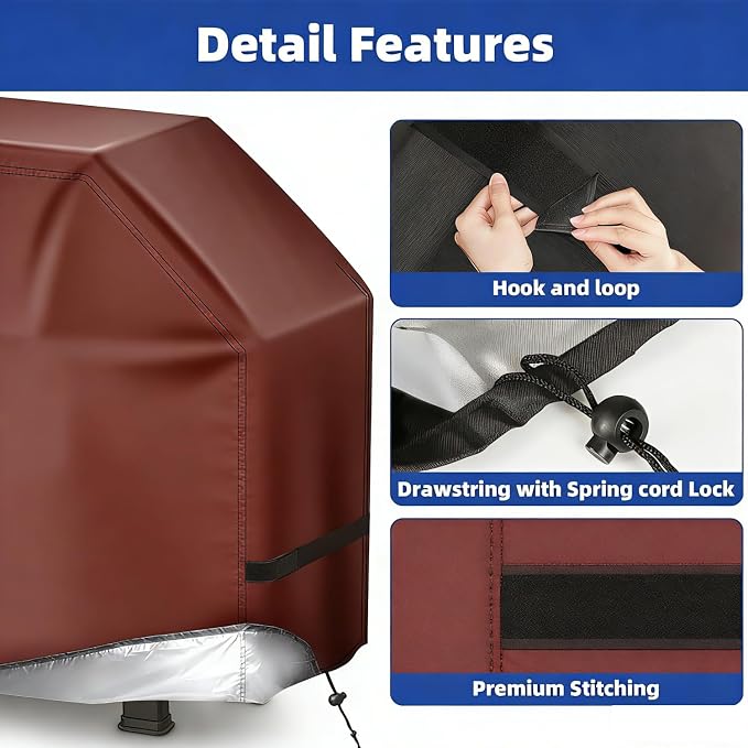 BBQ Gas Grill Cover for Outdoor, Anti-UV, Rip-Proof, 600D Oxford Fade Resistant Material, Barbecue Cover with Hook and Loop Straps & Adjustable Hem Drawstring (Reddish Brown, 48”x22”x42”)