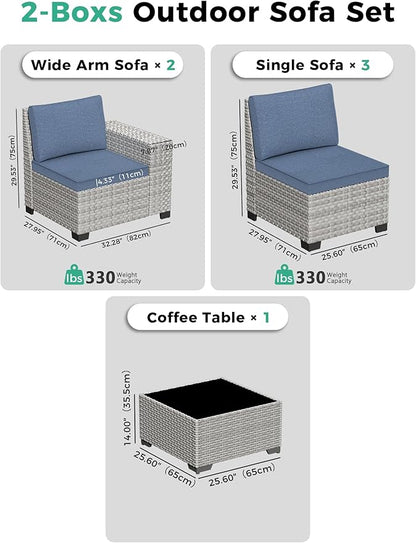6 Piece Outdoor Sectional Sofa Set, 5-Seats Patio Wicker Conversation Set with 4" Thickened Cushions & Coffee Table, All-Weather PE Rattan for Garden, Backyard, Porch, Blue