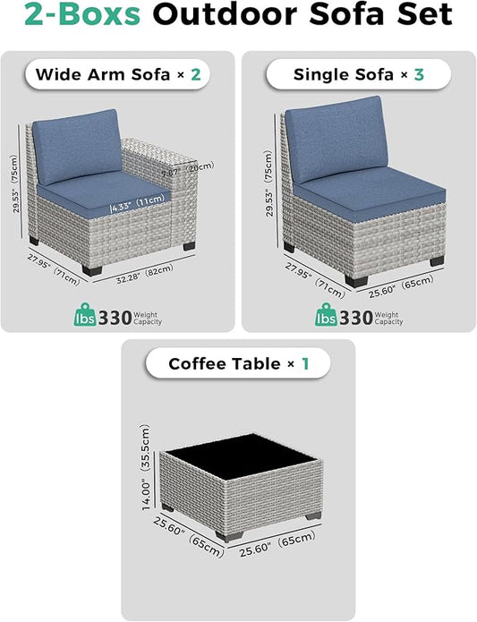 6 Piece Outdoor Sectional Sofa Set, 5-Seats Patio Wicker Conversation Set with 4" Thickened Cushions & Coffee Table, All-Weather PE Rattan for Garden, Backyard, Porch, Blue