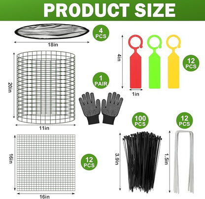 Plant Protector from Animals with Detachable Covers - 4 Pack 16”x 16" Wire Cage Cloches with Ground Stakes and Tools for Protecting Vegetable, Flower, Seedling