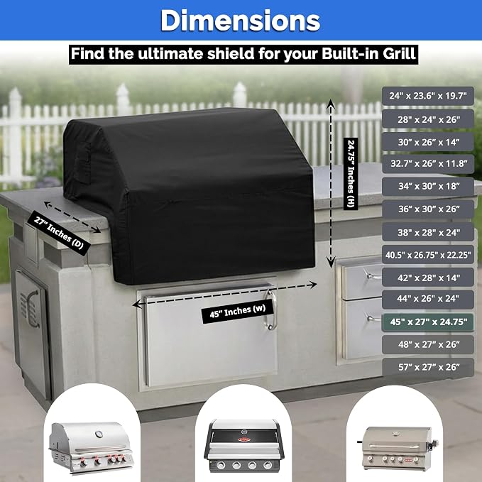 Covers & All Built-in Grill Cover for Outdoor Grill – Heavy Duty 12 oz Waterproof Built-in BBQ Grill Cover, PVC-Coated Polyester with Elastic Hem for Snug Fit (45 x 27 x 24.75 inches, Black)