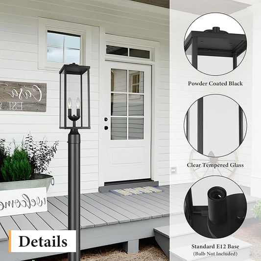 Outdoor Post Light Fixture, 20 Inch Tall Modern Exterior Square Pillar Lantern with Black Finish & Clear Glass, Transitional Pier Mount Lamp, Pole Light for Garden, Backyard, Patio, Pathway