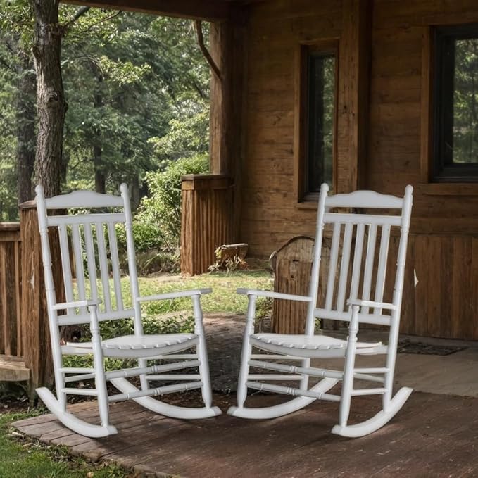Rocking Chair Porch Rocker Set of 2 Outdoor Furniture Wooden Adult Rockers for Bistro Balcony Camping Lawn Garden Backyard Outside, White