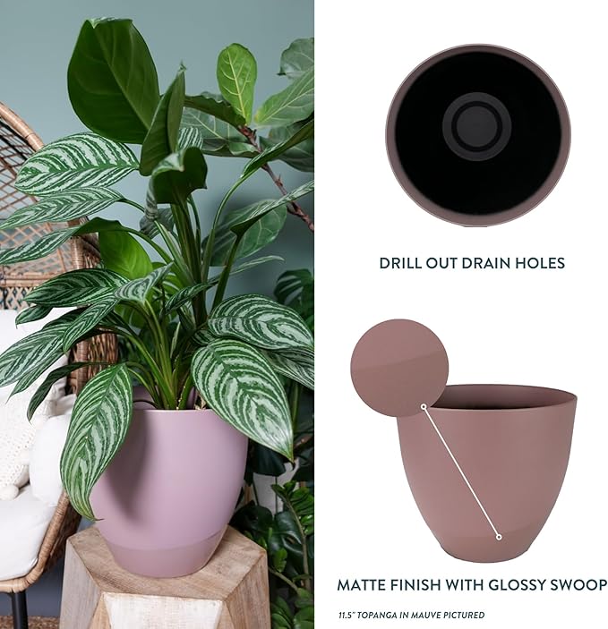 The HC Companies 16 Inch Topanga Decorative Round Planter - Lightweight Premium Resin Plant Pot with a Ceramic Look for Indoor Outdoor Use, Mauve Swoop