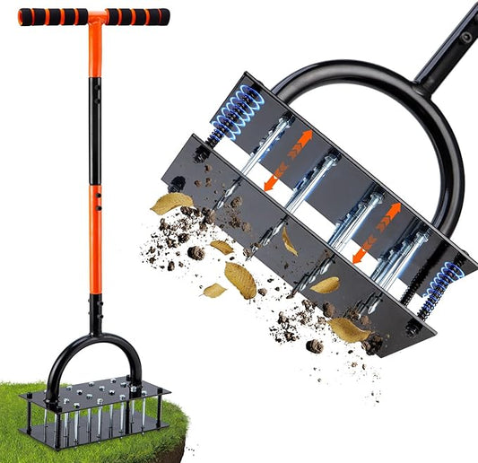 Bluesea Lawn Aerator Tool - 16 Iron Spikes with Ergonomic T-Handle, Automatic Dirt Clean for Soil Loosening & Yard Aeration, Manual Metal Grass Aerator (Black - Orange)