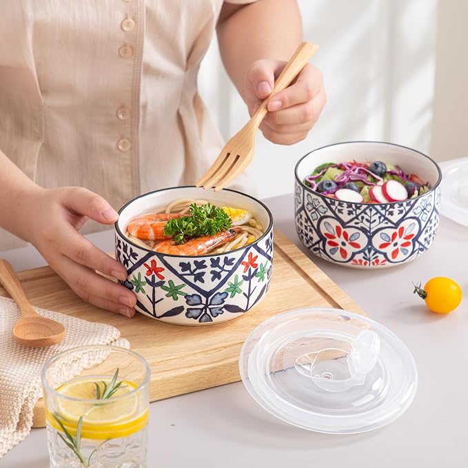 Ceramic Bowl with Lid, Microwave Safe, Set of 4 | Food Storage Containers for Soup, Meal Prep, Cereal, Salad Leftovers - Picnic, Camping, Office Lunch - 20 oz, Blue-Pattern