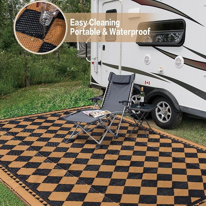 HUGEAR Outdoor Waterproof Rug 9'x12' Plastic Straw Rugs Washable Reversible Floor Mat Brown Plaid Carpet for Camping RV Deck Entryance Porch Picnic Balcony Beach Backyard