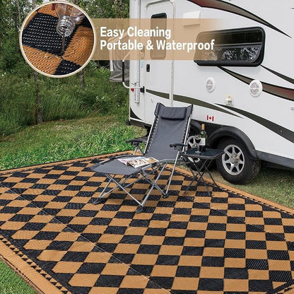 HUGEAR Outdoor Waterproof Rug 9'x12' Plastic Straw Rugs Washable Reversible Floor Mat Brown Plaid Carpet for Camping RV Deck Entryance Porch Picnic Balcony Beach Backyard