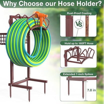 Qatsrin Upgraded Garden Hose Holder with Large Basket, Heavy Duty Water Hose Holder Supports 160-ft Hoses, Freestanding Detachable Hose Stand Storage Reel Hanger Rack for Yard Lawn Farm, Bronze