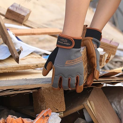 HANDLANDY Leather Work Gloves Mens & Women, Utility Safety Mechanic Working Gloves Touch Screen, Flexible Breathable Yard Work Gloves (Large, Brown-Cowhide Palm)