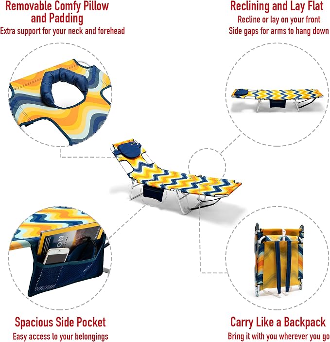 SUNNYFEEL Lay Flat Tanning Chair with Face Down Hole & Arm Slots, Beach Lounge Chair, 5-Position Folding Sunbathing Chair, 300 LBS Heavy Duty, 72" L x 22" W for Beach, Pool, Camping