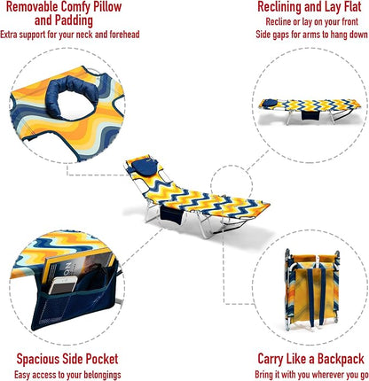 SUNNYFEEL Beach Lounge Chair, Backpack Reclining Beach Chairs Lay Flat, Sun Face Down Tanning Chair, Folding Camping Chairs Portable Camp Cot with Backpack Straps for Outdoor/Picnic/Lawn